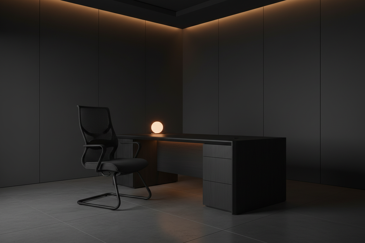Mesh chair and luxury desk in a dark theme room with an enough negative space